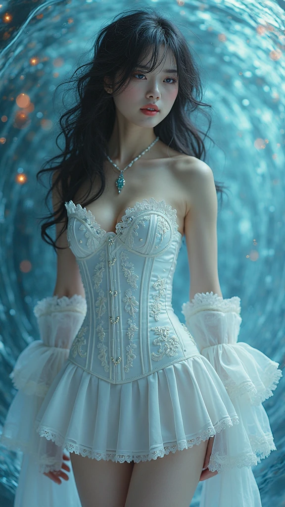 A beautiful woman, in a dilapidated castle, her clothes are already tattered, her skirt is fluttering in the wind, revealing her snow-white skin, coming with the light on her head, looming chest, perfect body, beautiful face, delicate facial features, evil smile, full body photo, medium shot, exquisite details, European style, extreme details, CG, wallpaper, highest quality, 8k --auto --s2