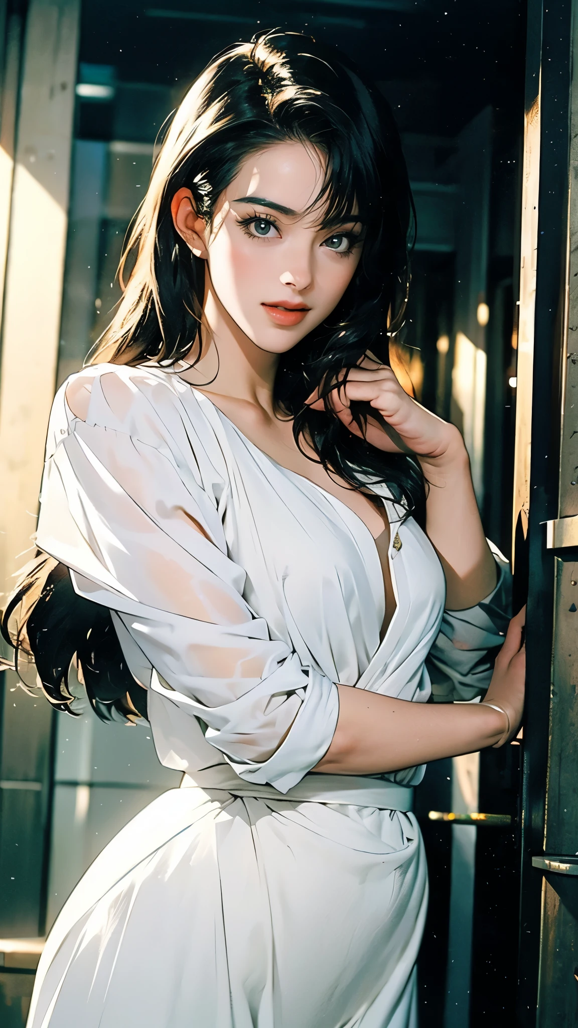 masterpiece, best quality, a beautiful woman with long shiny hair, choppy bangs, delicate face, passionate gaze, perfect smille, blush, seductive expression, tall and fit figure, perfect body, perfect skin, seductive pose, sexy Futuristic Technological Nanogel Clothing, the color scheme is primarily White with Green accents, this character embodies a finely crafted sexy beauty, exquisite and mature art Style, goddess, feminine, exquisite photography, depth of field, bokeh, photorealistic, even and soft lighting on face, dramatic, high definition, highres, ultra detailed, professional photo, perfect body proportions, anatomically correct, symmetrical face, extremely detailed eyes and face, perfect eyes, high quality eyes, creativity, RAW photo, UHD, 32k, portrait lighting, cinematic lighting, (masterpiece-anatomy-perfect:1.2)