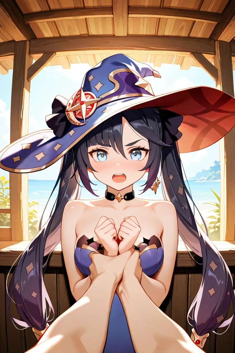 mona_tpa, 1girl, mcdonald's, indoor, purple hair, aqua eyes, small breasts, witch hat, stairs, shrine, lens flare, star_(symbol) pantyhose, highly detailed, absurdres, masterpiece, a come-hither face, nose blush, blush, parted lips