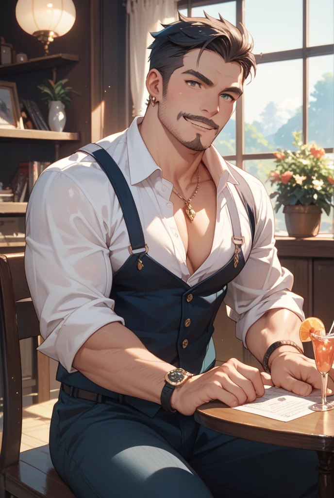 Solo, male, sitting at tavern, bulge, by bigcozyorca, by goonie-san, by bebebebebe, by spikedmauler, front view, big buff , wolf tyrannosaurus hybrid, brown fur, black fur, bushy tail, buff, wearing brown fantasy leather armor, tall, masculine, bulge, sexy, sexy expression