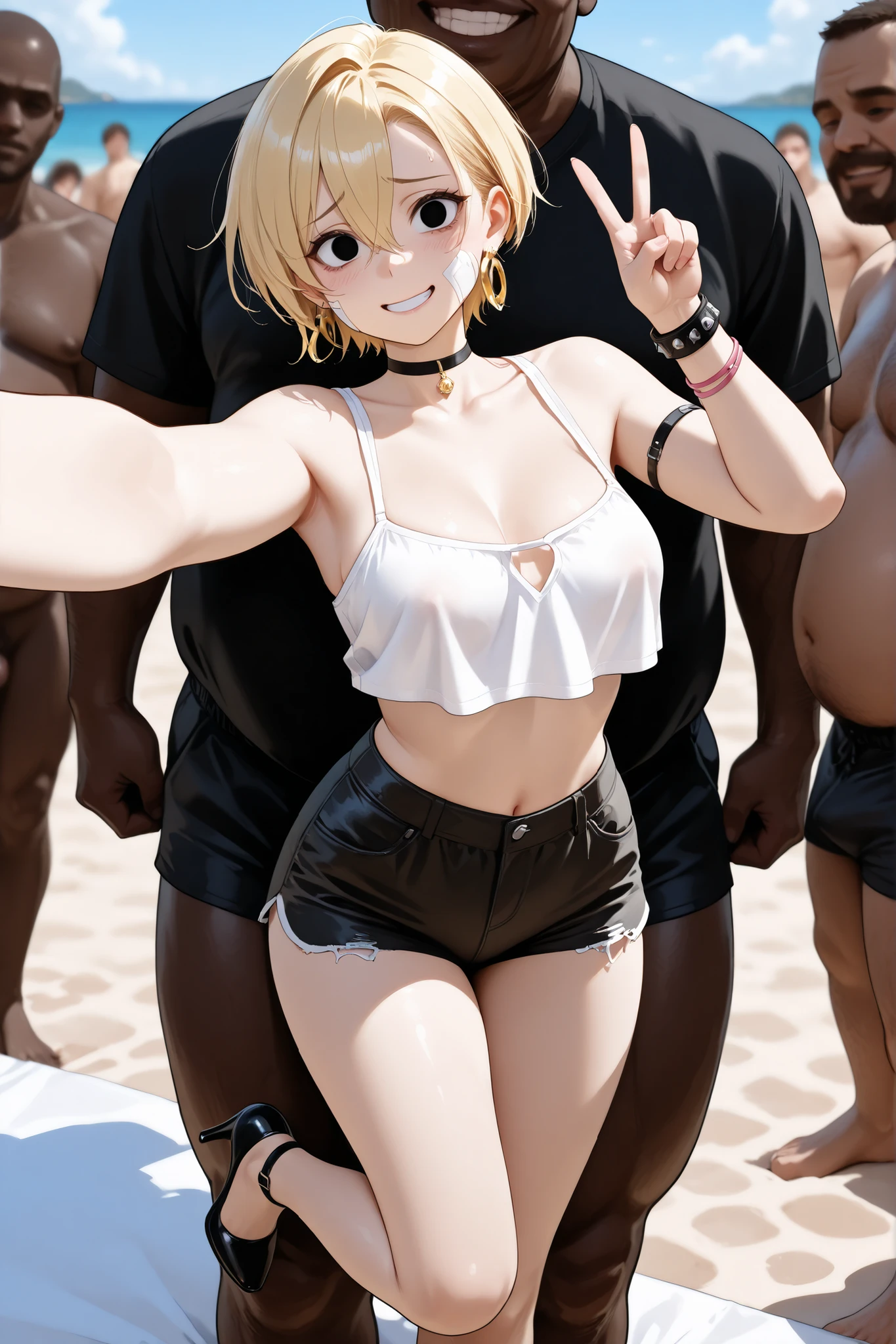 Girl, interracial sex, black eyes, blonde hair, hair between eyes, short hair curly, bandage on face, White crop top with open neckline, feminine black shorts, black choker on neck, punk bracelets, gothic high heels, giant , Taking a selfie on the beach while a fat man plays with her during the day, raped, sexy flushed nervous face, Big golden earrings, many sexy naked men, professional photography, Rating R18