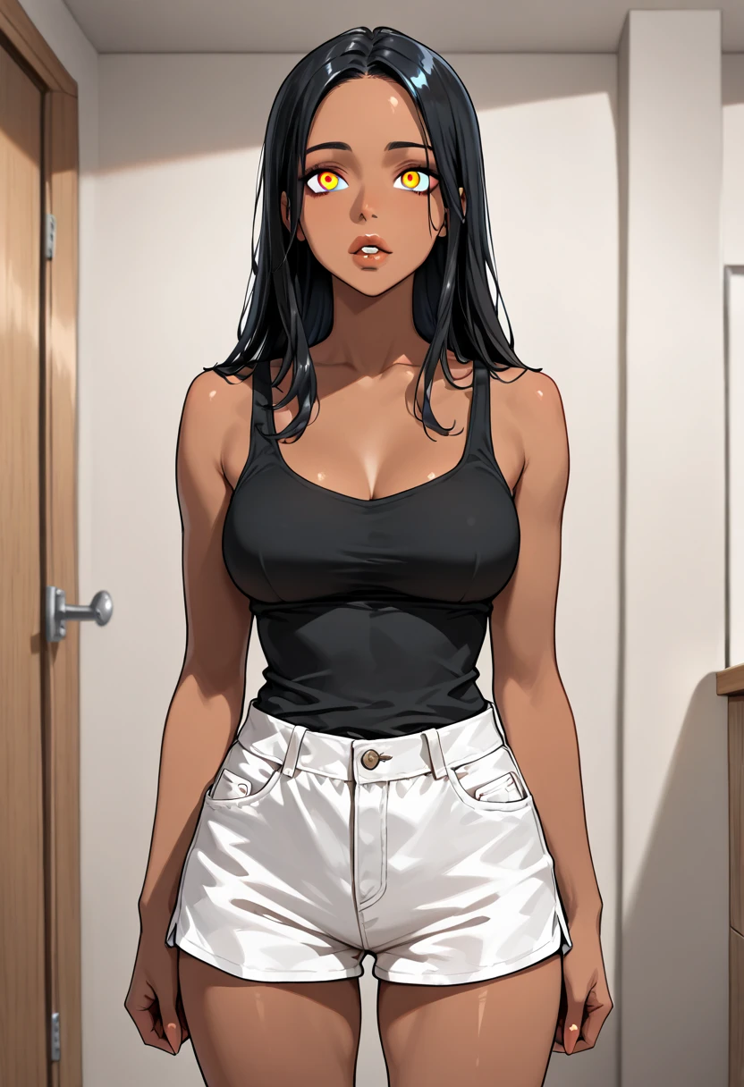 brown skin girl in a deep V-neck front-tie top, sleeveless, (jeans trousers), famished