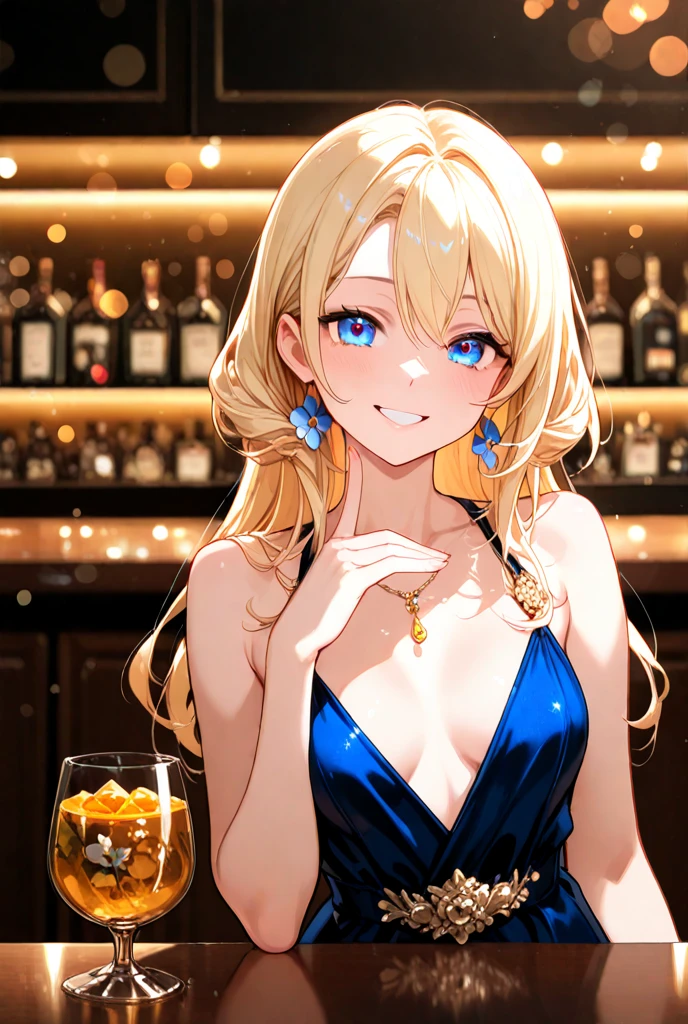 ((best quality)), ((masterpiece)), (detailed), perfect face、Tipsy、blonde、Smooth Hair、necklace、Earrings、Evening Dresses、A relaxing bar、Shot Glass、
