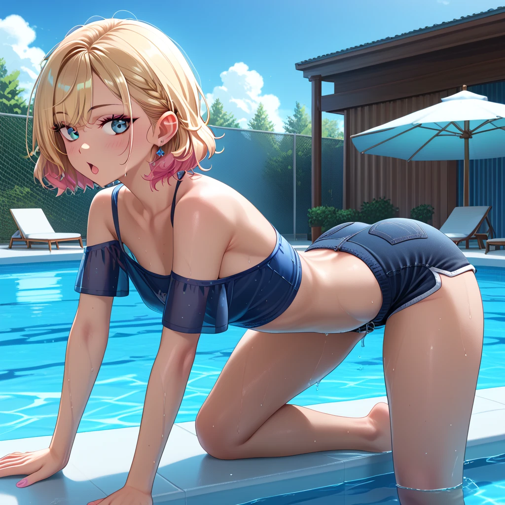 ((Perfect Anatomy:1.2,Realistic:1.3,RAW Photos:1.3,masterpiece、Highest quality、Ultra - High resolution、High resolution、Highly detailed CG、8k)),((Dynamic composition)). 1 female,young,two buns,((Platinum Blonde)),Small Head:1.3,(Wet Hair,Wet Face,Wet Skin),((anger:1.4)),((Brown Skin:1.5)),(Glowing Skin,Glowing Skin),((blush:1.4)),((blue eyes)), ((Wearing a white T-back)),((Showing viewers a white thong)),Beautiful ass,((Big Ass:1.4)),Exposed thighs,Beautiful thighs,75 degree angle from bottom,Anatomically accurate hand representation. The background is a night pool,(night).