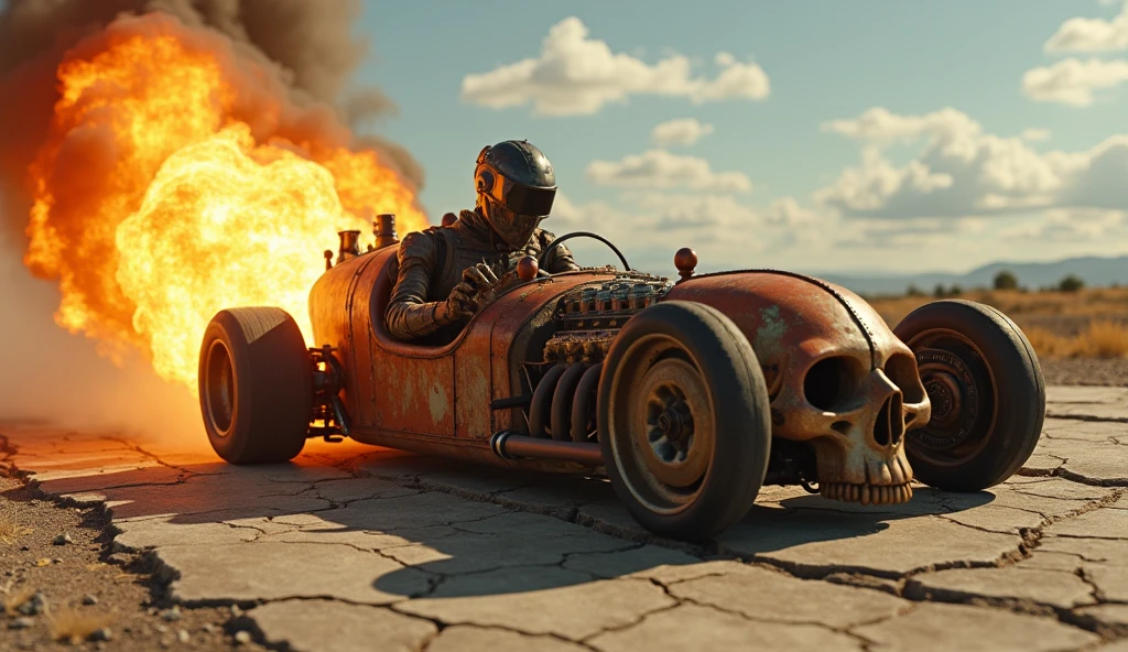 Skeleton fire car driving 