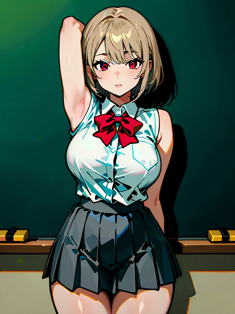 high quality, the masterpiece (one girl) muscular body, hooligan, Zadar, Evil smile, short hair, blonde. Brown eyes, School white shirt, Red Pioneer Tie, cigarette in mouth.
