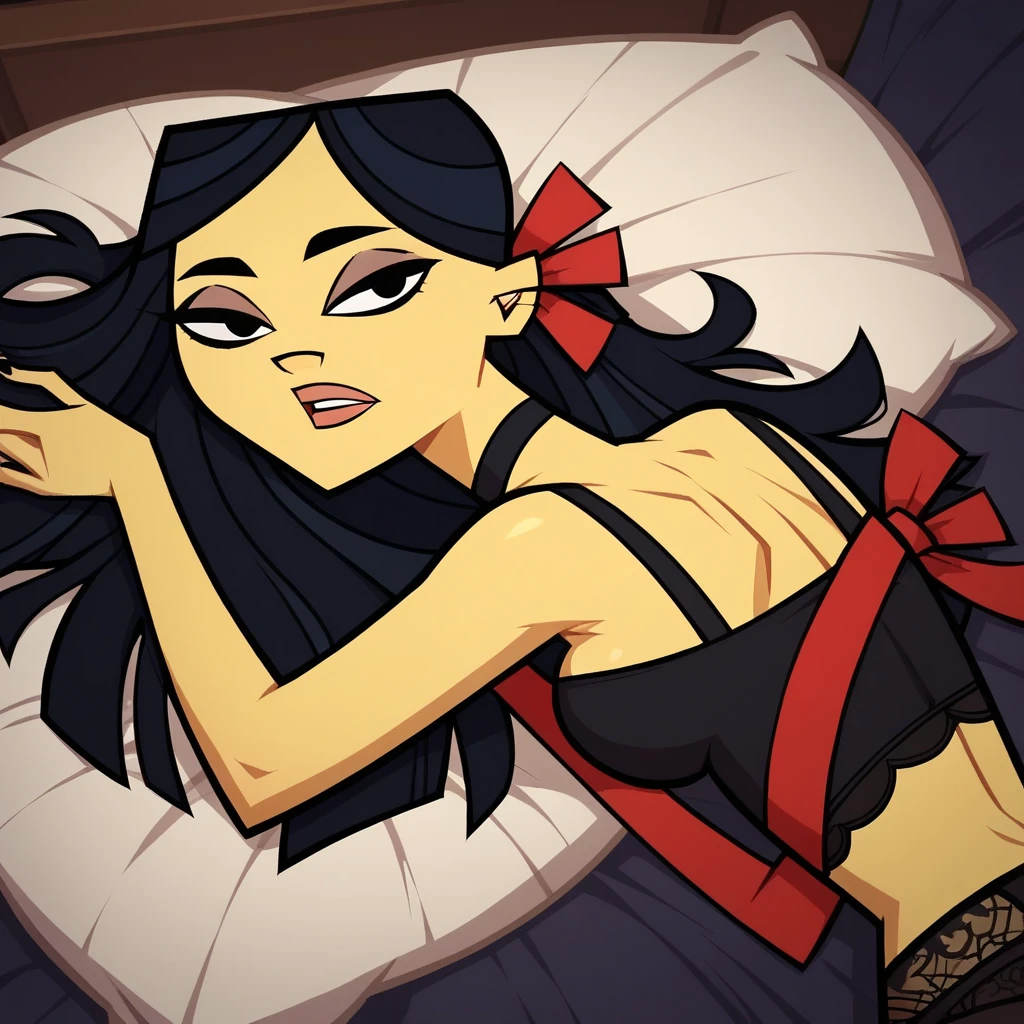 Beautiful, masterpiece, Best quality, very detailed face, moonlight, 2 girls, kiss, perfect body, seductive, pomade, I look at the viewer, wide hips, Medium breasts, black hair with white lines,Long flowing hair, lip shape:ruby, (Body shape:Scales), see-through peignoir,Black peignoir, girl horny, full length, lying on the side, Sexy, Bedroom, Naked