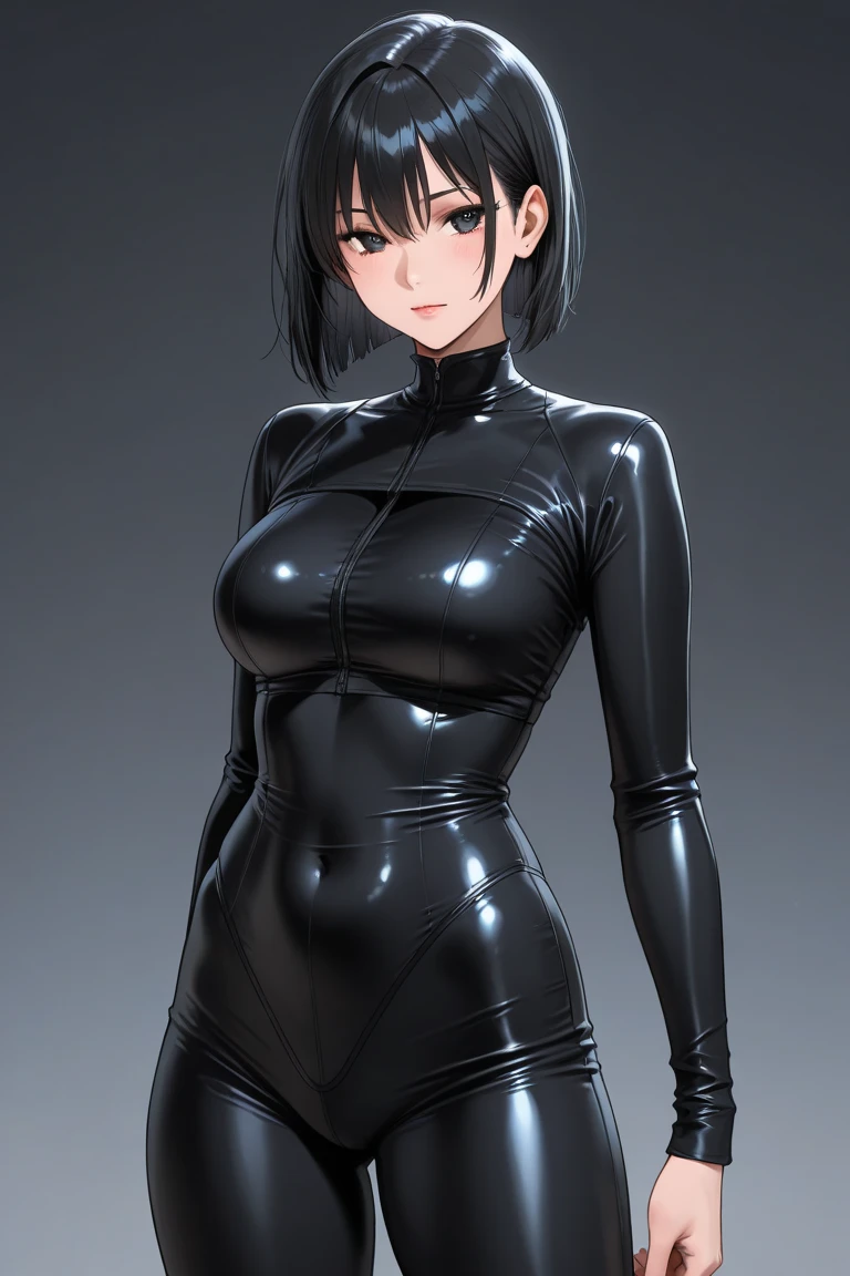 short black hair woman, black slime-like body suit, ecstatic expression, swamp background