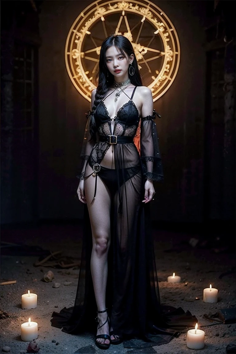 eroticism ((Full body portrait)), (masterpiece, Highest quality, Realist: 1.37), (Complex and delicate, Highly detailed skin and face), (Black background), (Katrina Makeup), ((Coloring)), 1 girl, 大きく開いた黒いスイートdressを着た美しいエロティックな女王,She is wearing sheer, erotic lace underwear underneath.,dress, Wrapped in a luxurious black hooded cloak, Dunkle Rosen und Totenkopf zieren ihr Gewand, (He has a big golden halo above his head), (tiara, Rosen, Ornamental skull, Because of this, dark), blue eyes, large roses symmetrically arranged on both sides,, (religious symbolism), (Inspired by Santa Maria, Queen of Skulls, Dee Catrina, And the Queen of the Dead, Ravi Soup), ((Virgin Mary, Skeleton Saint Queen, Dee Catrina)), ( Photorealism), dark背景, Soft light in a cinema, High Contrast, darkテーマ, Tape GC 8k, Trending on Artstation, Octane Rendering, Unreal Engine, Volumetrics dtx, Award-winning digital art, Shadow, Official Art.Various erotic perspectives, There she shows her charm