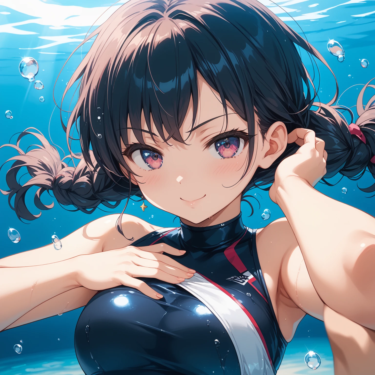 konosubaMegumin, Megumin, short hair, Black Hair, (Red eyes:1.3), short hair with long locks,happy smile,smile, Open your mouth, School Swimsuit,Water Play,Wet Hair,Wet Skin,Wet swimsuit,whole bodyがイラストに入るように,True Summer,Clear skies,Daytime, break outdoor, Beach,Sandy Beach, break looking at viewer, whole body, (Cowboy Shot:1. 5), break (masterpiece:1.2), Highest quality, High resolution, unity 8k wallpaper, (figure:0.8), (Beautiful attention to detail:1.6), Highly detailed face, Perfect lighting, Highly detailed CG, (Perfect hands, Perfect Anatomy),