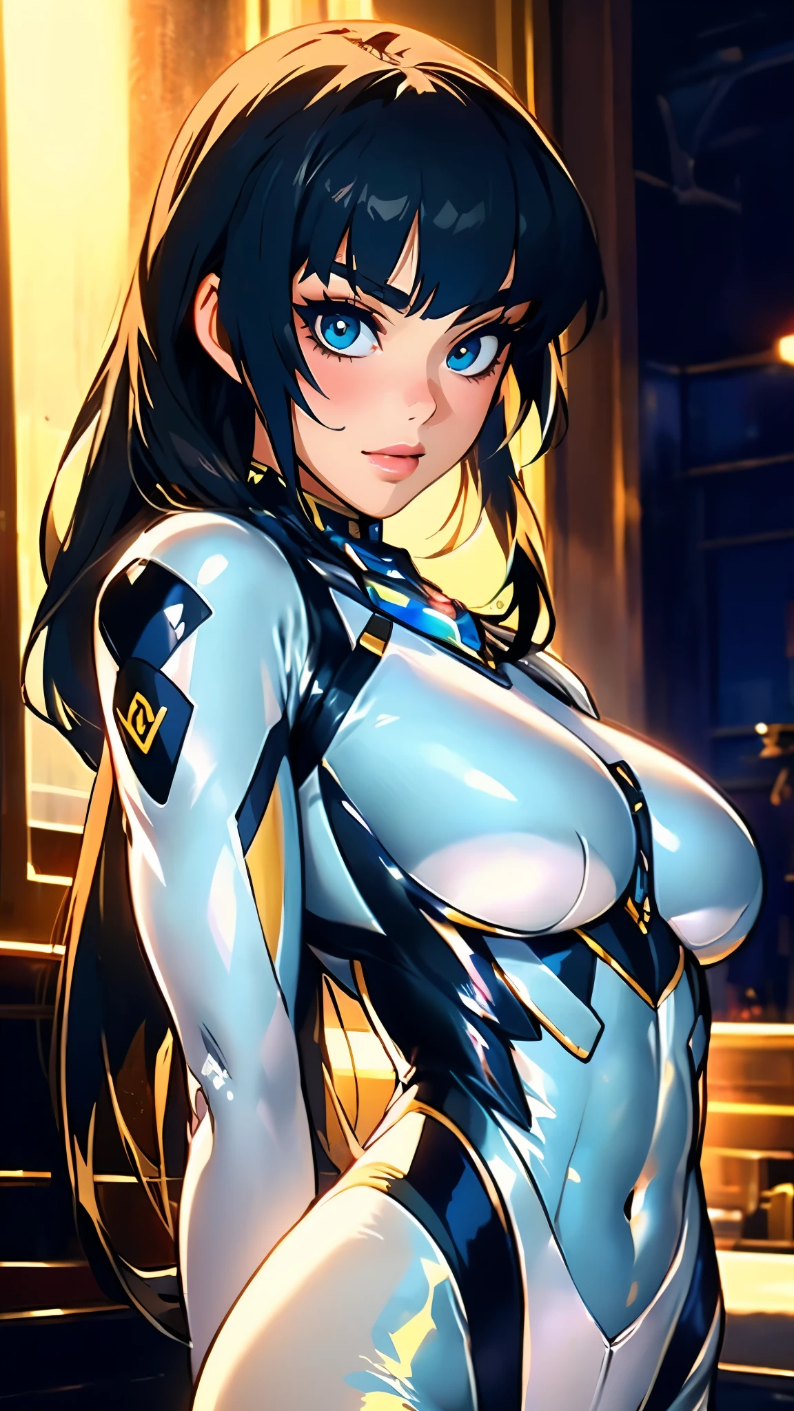 masterpiece, best quality, a beautiful woman with long shiny hair, choppy bangs, delicate face, passionate gaze, perfect smille, blush, seductive expression, tall and fit figure, perfect body, perfect skin, seductive pose, sexy Futuristic Technological Nanogel Clothing, the color scheme is primarily White with Green accents, this character embodies a finely crafted sexy beauty, exquisite and mature art Style, mikoyan, anime aesthetic, goddess, feminine, exquisite photography, depth of field, bokeh, photorealistic, even and soft lighting on face, dramatic, high definition, highres, ultra detailed, professional photo, perfect body proportions, anatomically correct, symmetrical face, extremely detailed eyes and face, perfect eyes, high quality eyes, creativity, RAW photo, UHD, 32k, portrait lighting, cinematic lighting, (masterpiece-anatomy-perfect:1.2)