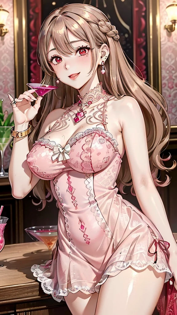 masterpiece,stunning reality,Realistic,Clarity,Sexy,full,beauty,Married woman,Huge breasts,cleavage,prostitute,Dim Lights,Red bed,Pink sheer lace,Pink sheer lace,Lipstick,Smile,earrings,Short brown hair,curls,Green eyes,Areola,necklace,Hand socks,Sweat