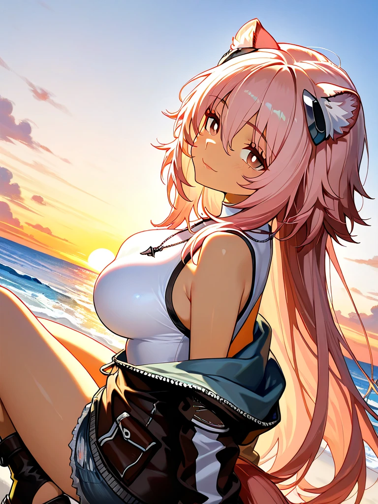 Anime girl looking back with tears in her eyes in the sunset，whaite hair，perfect white hair girl，Lori huge breasts cleavage，Lolita prostitute，Beth，Pink girl，Tears in the eyes，Blue starry sky pupils，pink hairband