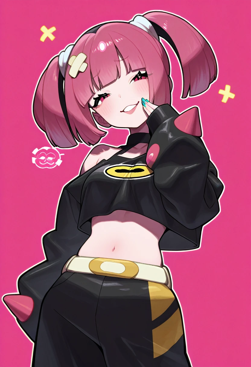 a cute girl beautiful red hair cut her colorful eye wears a black shirt t-shirt shows navel and a red striped skirt black box pair of socks black long heel coffee load chain waist 3 sphere planet earth Mars moon