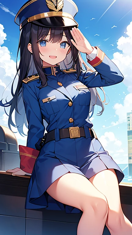 best quality, masterpiece:1.2), highly detailed, HDR, girl, 25 years old, (White jacket, straight jacket, military decorations on chest, black tie, white officer's cap, white short pleated skirt: 1.2), upright position, saluting, stand at attention, looking at the viewer, (beautiful detailed eyes, beautiful detailed lips, extremely detailed eyes and face, long eyelashes), (shapely, rounded, hourglass) body, (beautiful detailed breasts, shapely firm breasts), (shapely, toned) legs, colonizer style city, city in the caribbean, sunny, view from below