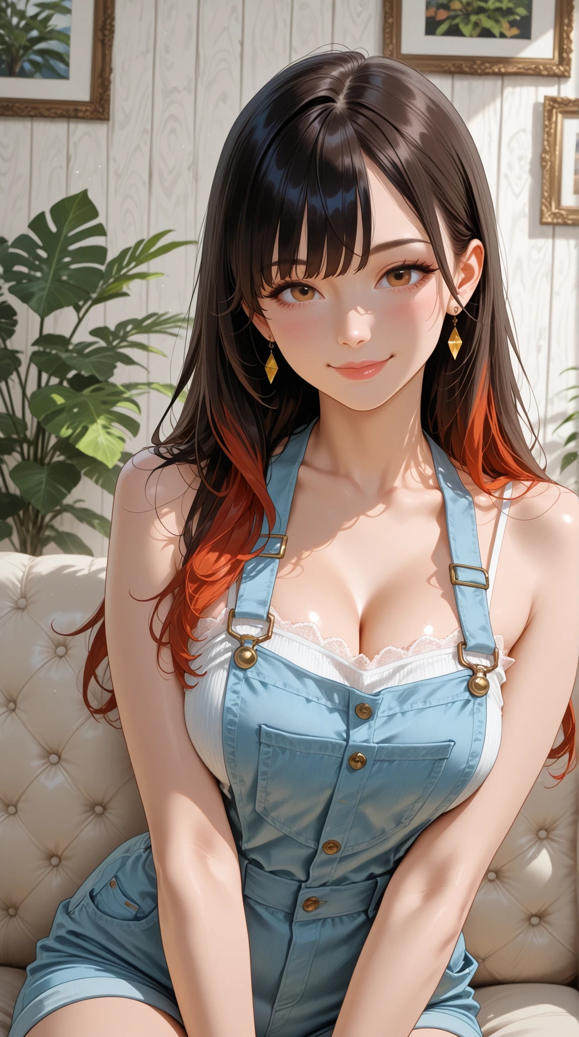 A beautiful girl in jeans and a white shirt posing for a photo, anime girl, dynamic poses, (20 year old girl:1.3), (aged up), city, garden, flowering trees, sexy jeans, white tied shirt, cleavage, big rounds breasts, midriff, (lace bra:0.8), jewelry, dark brown hair, bangs, long hair, 1 ponytail, wavy hair, expressive hair, shiny hair, hairclip, red hair ribbon, cat hair ornament, wince, aqua eyes, glowing eyes, earrings, smile, open mouth, glossy lips, blush, tongue, bright pupils, happy, upper teeth, detailed face, perfect body, high detail, anime, dithering, image fill, anime CG style, outside border, border, first-person view, panorama, perspective, good lighting, Wide-Angle, f/1.8, 85mm, Sony FE GM, 8k, super detail, highres, UHD, retina, masterpiece, accurate, anatomically correct, best quality