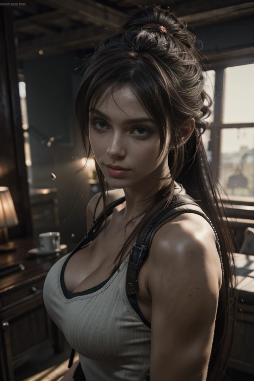 (8k, calidad superior, Obra maestra: 1.2), (realista, fotorrealista: 1.37), ultra high definition, final fantasy vii remake&#39;s Tifa Lockhart sentada en una motocicleta CFR 450R roja y blanco. Un retrato detallado con hermosos ojos detallados y una nariz sonrojada que te hace lucir linda y solitaria.. She wears single Coderas, botines, una falda negra, medias negras hasta el muslo, botas rojas, y guantes de codo, Coderas, y guantes sin dedos. Su outfit incluye un sujetador deportivo., falda con tirantes, muslos altos, y una camiseta blanca. El cuerpo completo es visible., revelando una cara bonita, pelo largo recogido bajo, y labios. The stage is illuminated with professional lighting., mapeo de fotones y radiosidad, creating a cyberfuturistic atmosphere in the style of Tetsuya Nomura. El fondo presenta el horizonte del oceano y un efecto bokeh.. Tifa smiled a little and closed her mouth...