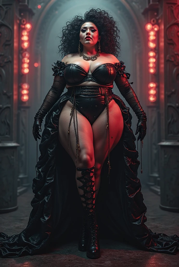 The most beautiful black girl in the world, long black hair, medium breasts, hips, form fitting clothing, pantyhose, dark castle background, gothic theme, gothic clothing
