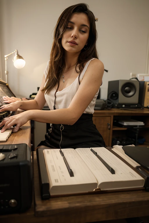 woman sitting at a desk writing in a notebook with a vintage amps, mics, pop art posters and other audio equipment, illustrative art, sat at her desk, realistic artwork, girl in studio, fan art, realistic studio portrait, matte painting portrait shot, detailed portrait, production still, detailed portrait shot, singer - songwriter, portrait shot, high quality portrait, cinematic portrait, mid shot portrait, singer songwriter, hippie clothes, volumetric light, light rays trough the window, sunrise, depth of field, dof