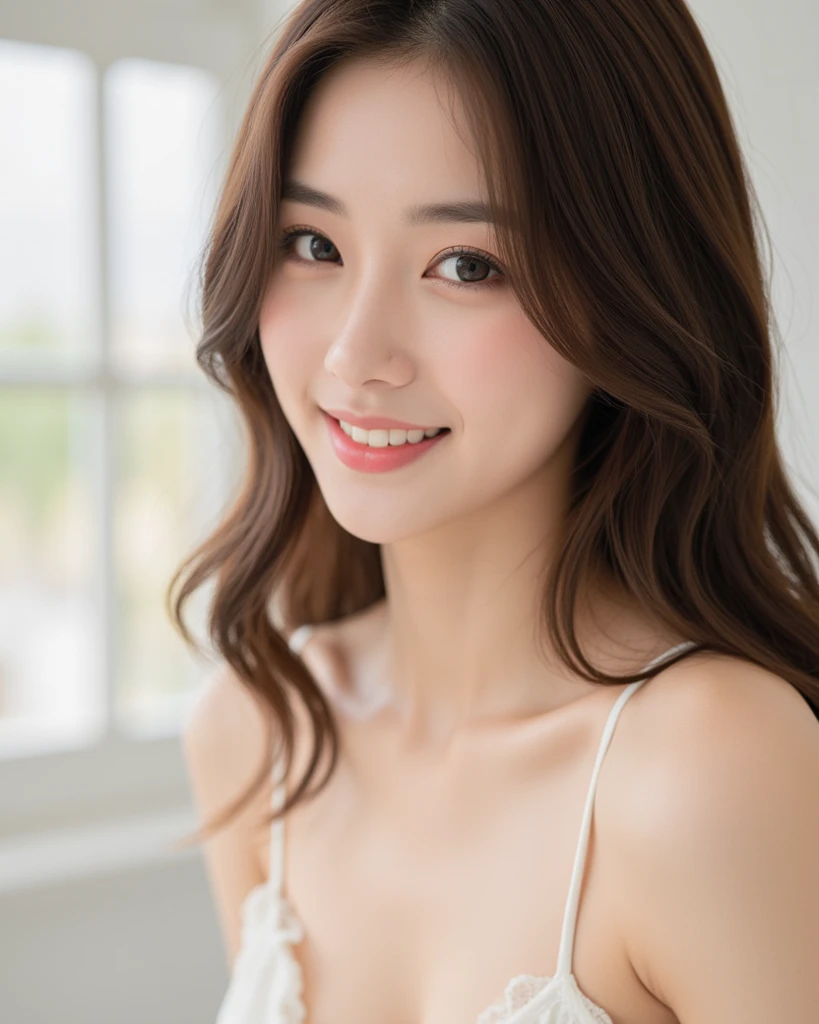 Asian woman in underwear posing for one photo, A smile、Girl in underwear,Close-up portrait taken in a single photo, closeup portrait shot, Wearing white underwear, professional closeup photo, full body Esbian、close up half body shot, Japanese Models, close up portrait photo、细致背景