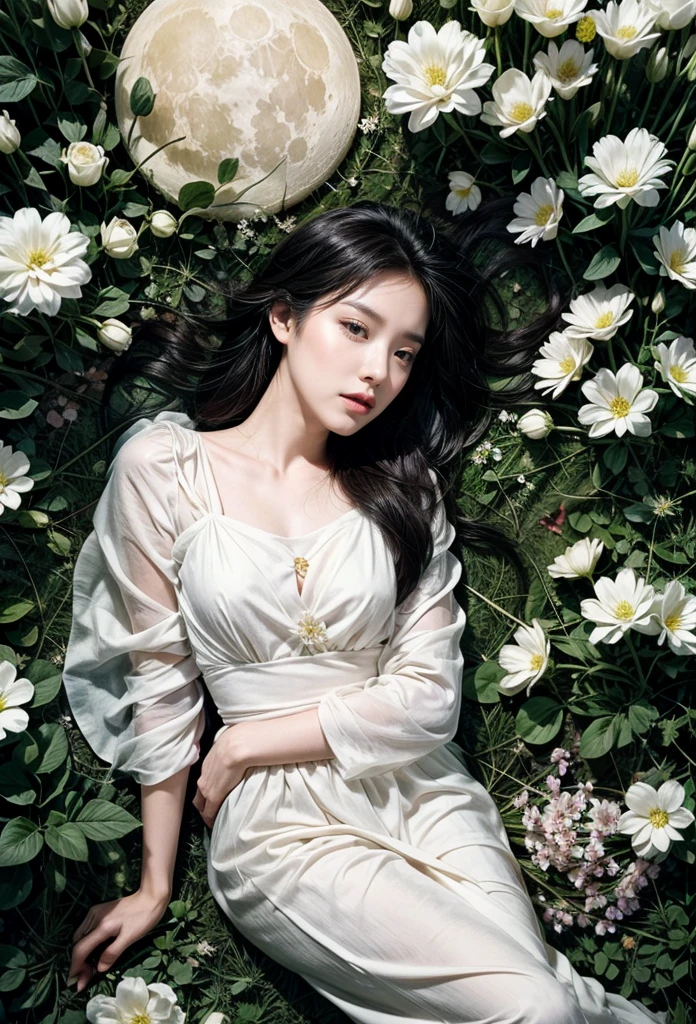 ((black long hair)),extremely detremely detailed CG),(((8K))),the wallpaper,((Extremely Delicately Beautiful)),(((tmasterpiece))),(((Best quality))),(((超A high resolution))),beautiful light up，Perfect lightning,realistic shaded，[A high resolution],(Smooth and flawless fair skin:1.5),Facial details are extremely delicate,ultra - detailed,one-girl,solo,small head,small face,Clear face,Delicate makeup,(laughingly:1.2),(perfect bodies:1.1),small breast,flat chest,Slim,thin,(from above:1.2),(night scene),dim lights,(outdoor),(pure white gauze hanfu dress:1.3),(Lying flat on back on the grass:1.5),(close eyes:1.5),(open mouth:1.3),（female organismic:1.5),(blush:1.3),Ahegao,(upper body:1.1)