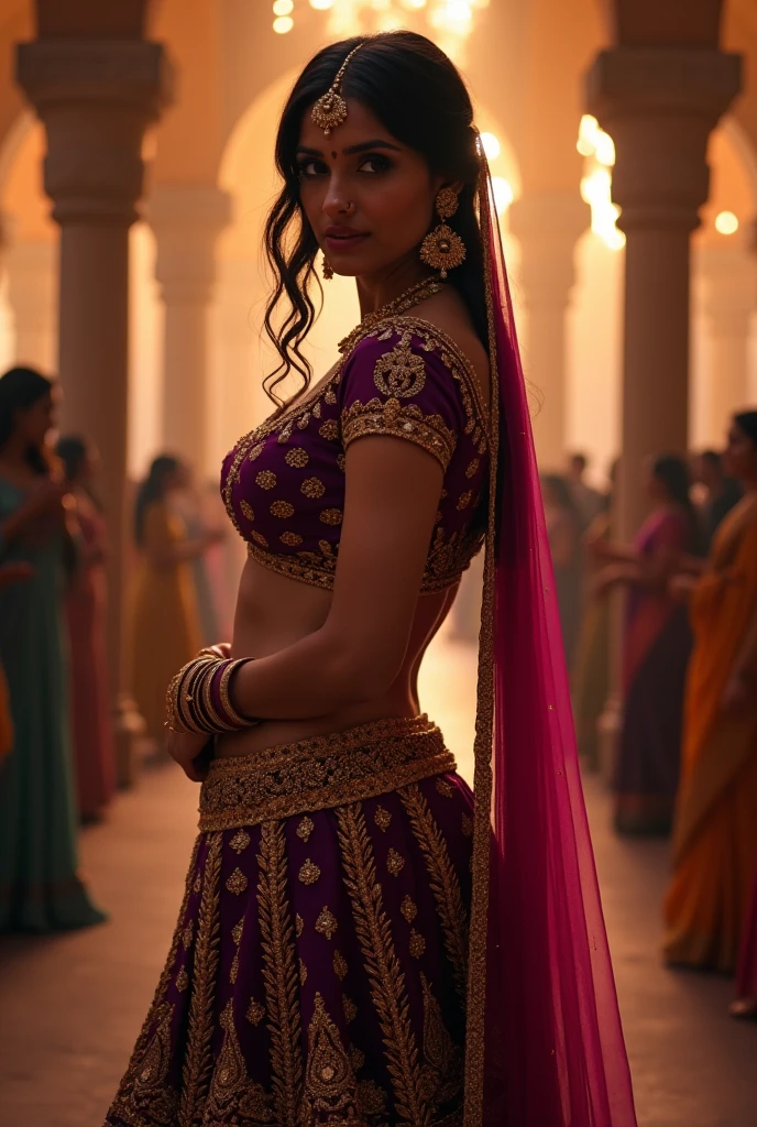(((cowboy shot))) (wide depth of field), 30 year old mixbabe, sexy indian woman cute, adorable smile,(from behind back turned Looking at viewer over shoulder, small waist, medium hips, medium perfect ass, prominent ass sticking out:1.5),a stunning detailed background (A tranquil lavender field with a soothing, fragrant atmosphere), absurdres, highres, horny, masterpiece, best quality, realistic, beautiful very long White long hair,
(perfect female form, perfect face, beautiful eyes, eyeliner, expressive eyes, calm expression),
<lora:edgNathJewelry:0.8>EDGNATH
WEARING EDGNATH
maroon, DRESS
intricate elaborate JEWELRY