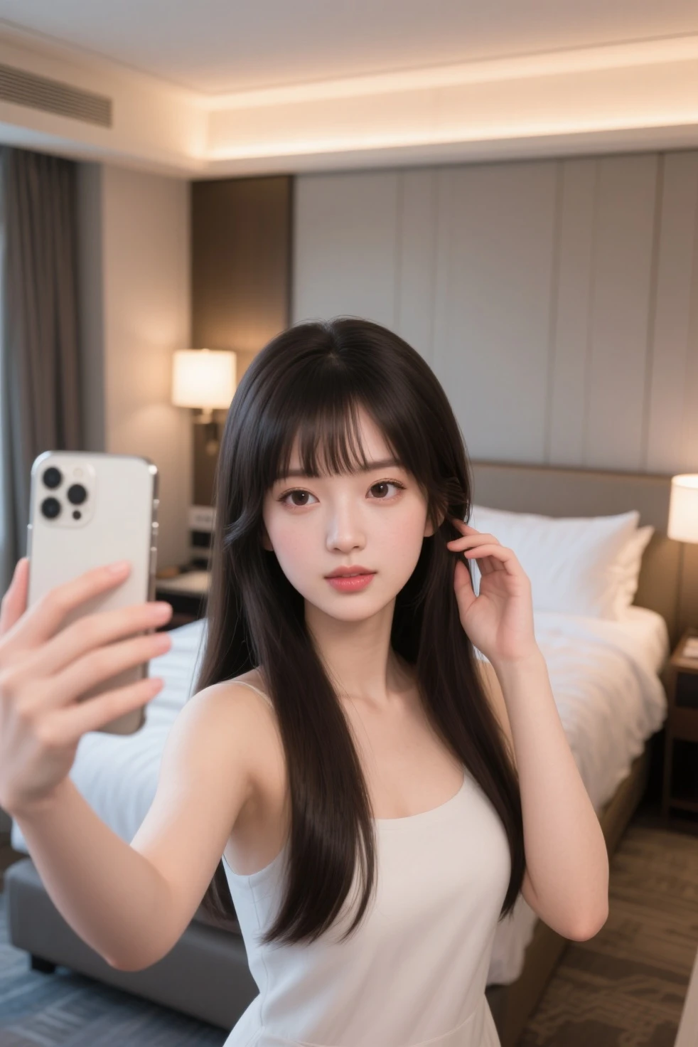 debris flies、highest quality、super fine、Understood、High resolution、8k wallpaper、perfect dynamic composition、(((Full body Esbian)))、((from below))、20 year old cute girl、detailed beautiful face、delicate and cute eyes、fine-textured skin、My cheeks turned red、(straight black hair)、take a selfie with your mobile phone、room、white background、White Room、take a selfie with your mobile phone、small bust、slender、Wearing a camisole