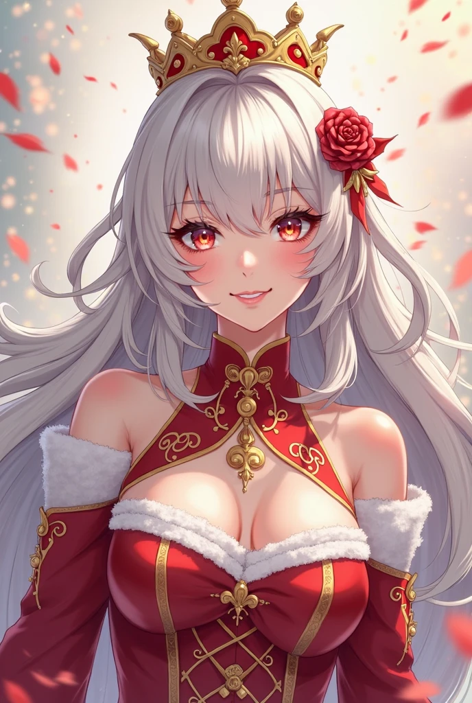 queen、white hair、white dres、Gold decoration、red eyes、in snow、ssmile