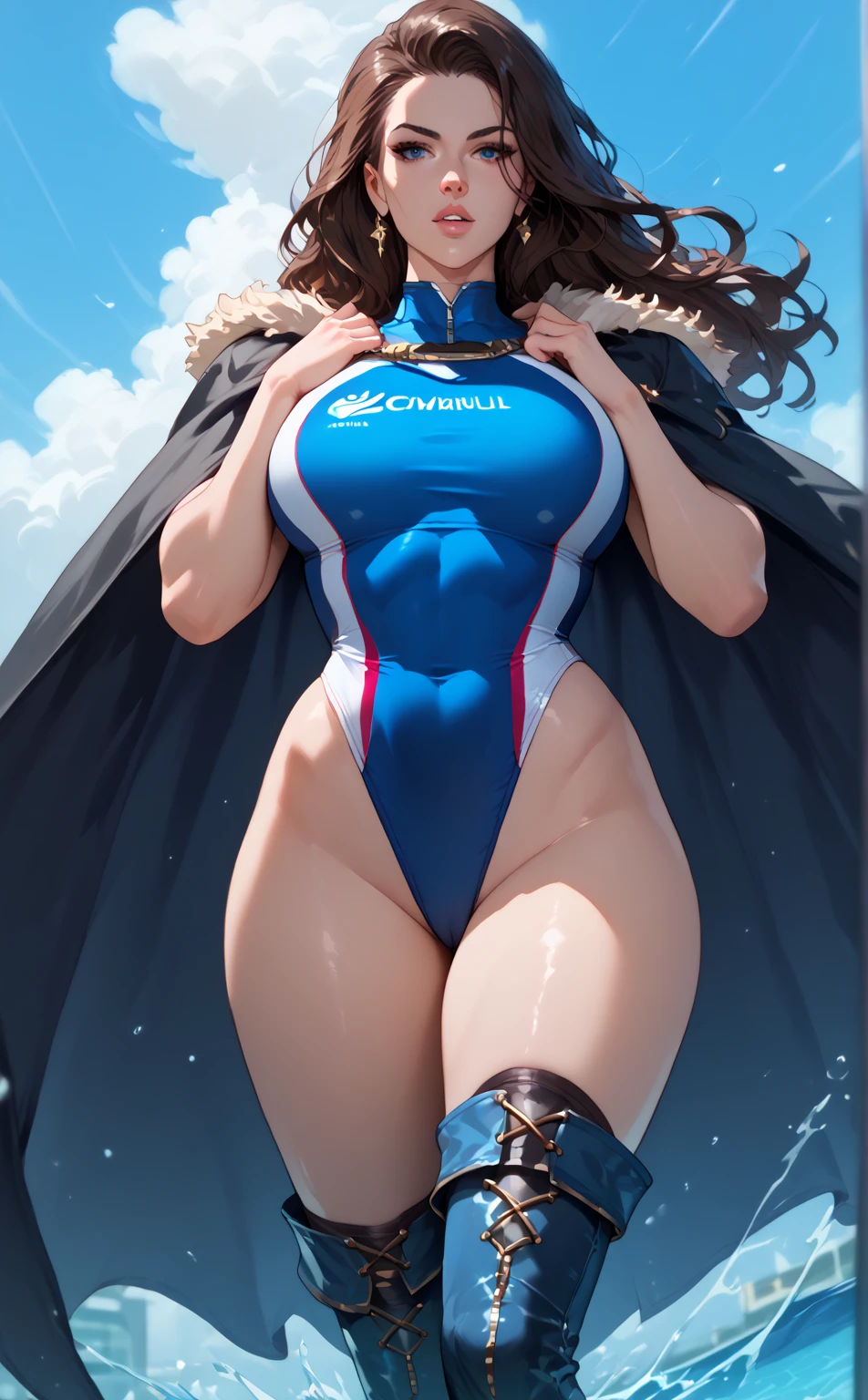 1girl, (superheroine, giantess), cool and mature, defiant, long hair, earring, (bodysuit, spandex), (blue orange white, costume), in town, (tower sized woman)++, dynamic pose, dynamic angle, (large breast)+, (skinny leg)+, long leg, thighhighs, bare legs, landscape, cityscape, in between skyscrapers, (Best quality), ((masterpiece)), (perfect female proportions)