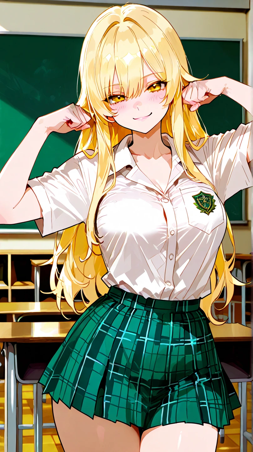 blonde hair, long hair, green eyes, happy, school uniform, short skirt, medium breast, cleavage, classroom, slim legs