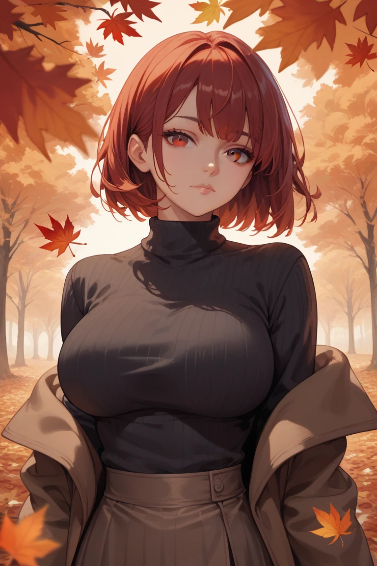 a woman with auburn hair posing in front of a tree, berserk art style, tight black clothes, official hdr illustration, (shorter curly dark hair), neferpitou, still from alita, hyperrealism mixed with 2d, huge covered breasts sfw, by Tōshi Yoshida, character in close-up, (extremely detailed, she