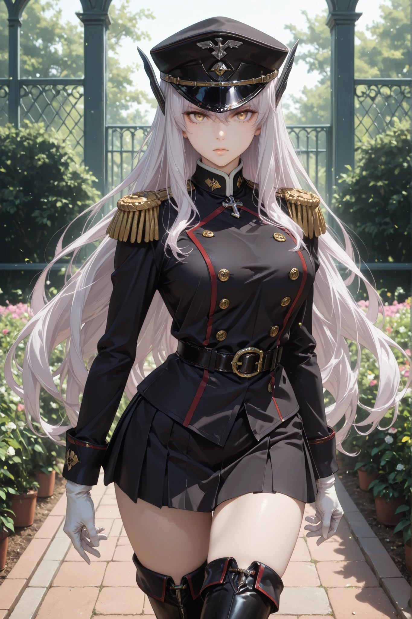 1girl, Kyouka uzen, hair ornament, military cap, black military uniform, epaulets, skirt, belt, white gloves, thigh boots, standing in the garden, looking at the viewer, serious expression, sensual, attractive, beautiful, dynamic pose, dynamic pose, best quality, masterpiece, ultra detailed, very aesthetic
