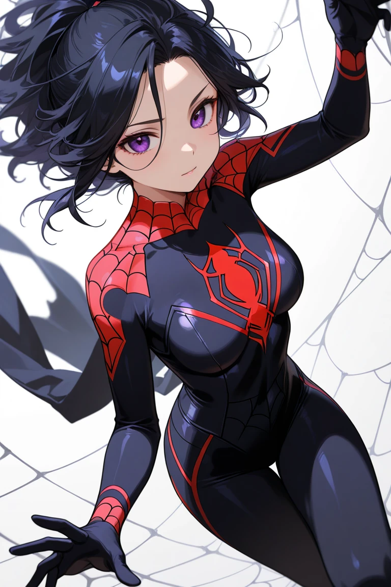 (8k, RAW photos, top quality, masterpiece: 1.2), (realistic, photorealistic: 1.37), (High Quality), (Ultra realistic), official art,extremely detailed CG unity 8k wallpaper, perfect lighting,Colorful, (High Details), (Face detail), (Shadow Detail), (big breast), (17yo), Looking at viewers, 1 girl, solo, Green eyes, Green hair, Short hair, Pink Lips, Extreamly Face Detailed, (Wide Hips), Black Spider-man costume, Fubuki