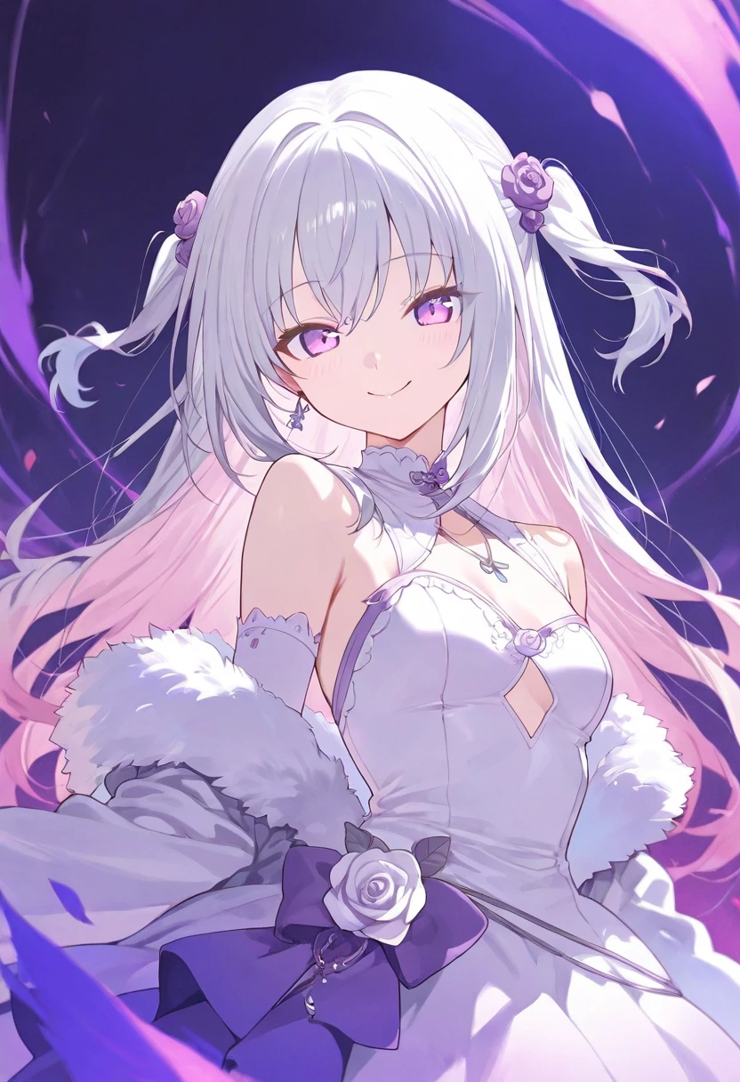 Silver hair, pink eyes, body, cat ears, girl, earrings, heart background fantasy, princess, godly, hair bows,  happy face, long dress, pink dress