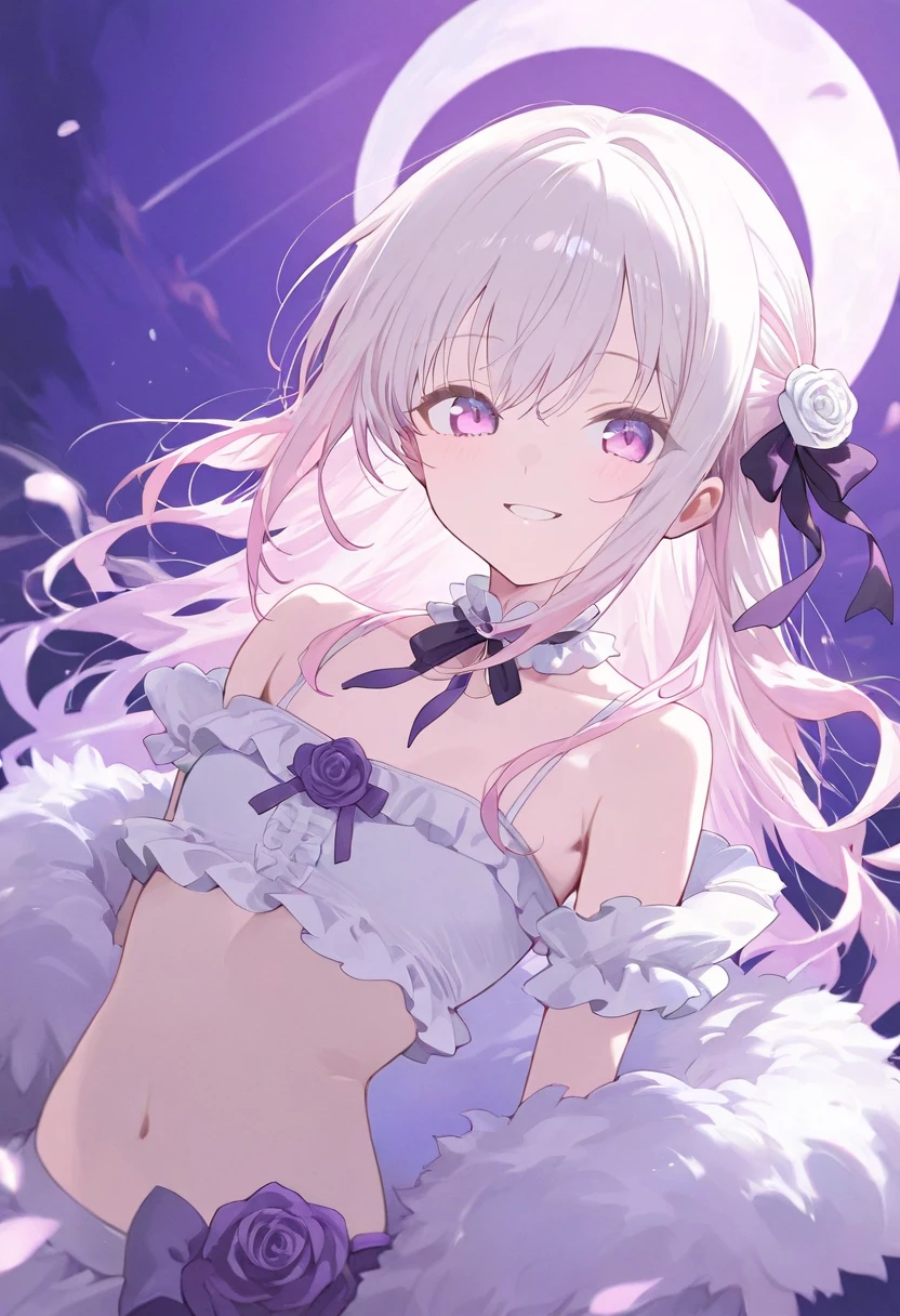 (highest quality)、((Super detailed))、(super delicate)、Sexy cute little devil、 girl、silver hair、beautiful breasts、beautiful thighs、A gorgeous and fantastic light-filled background