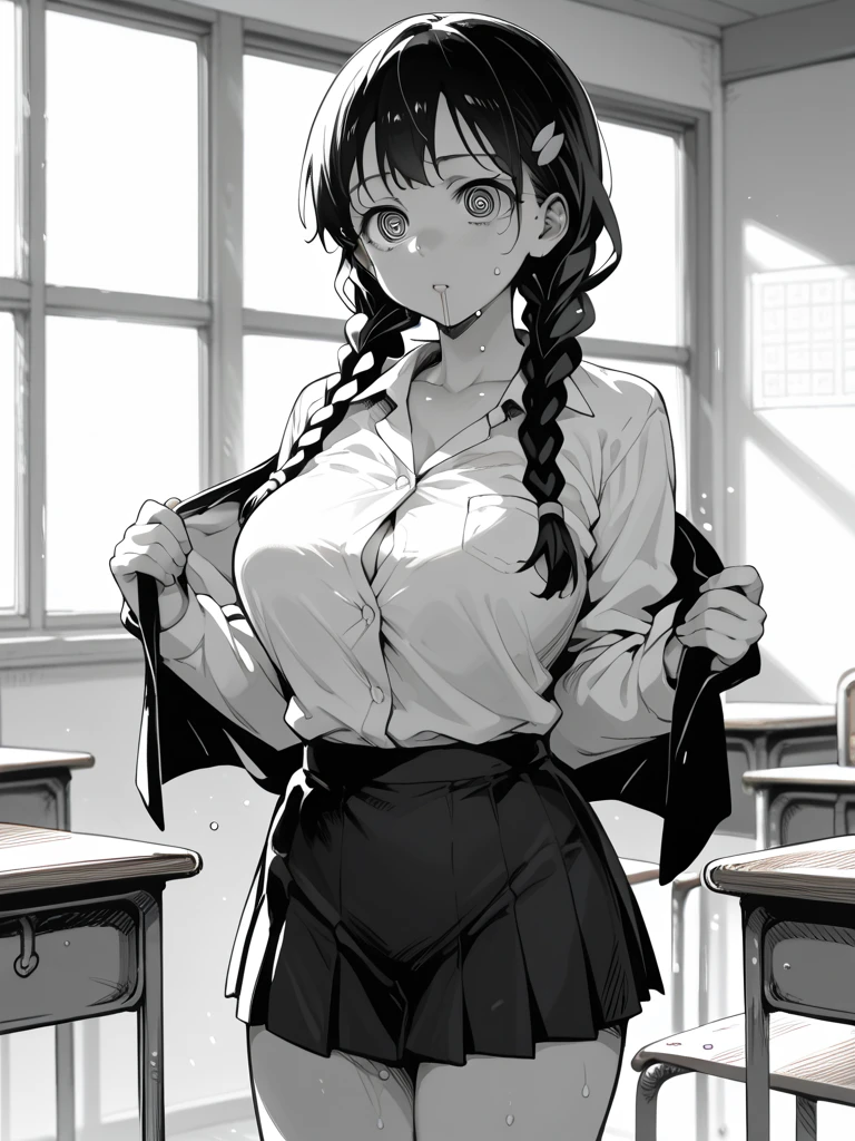 (depicting a single moment from a manga for adults), (hand-drawn), ((simple line art)), ((manga-style line art background)), ((pleated skirt, round face, eyes with realistic sizing, drooping eyes, blush, sweat, shame)), (((standing and straddling to hit her pubic hair on the corner of the table, orgasm smile))), open mouth, braid,