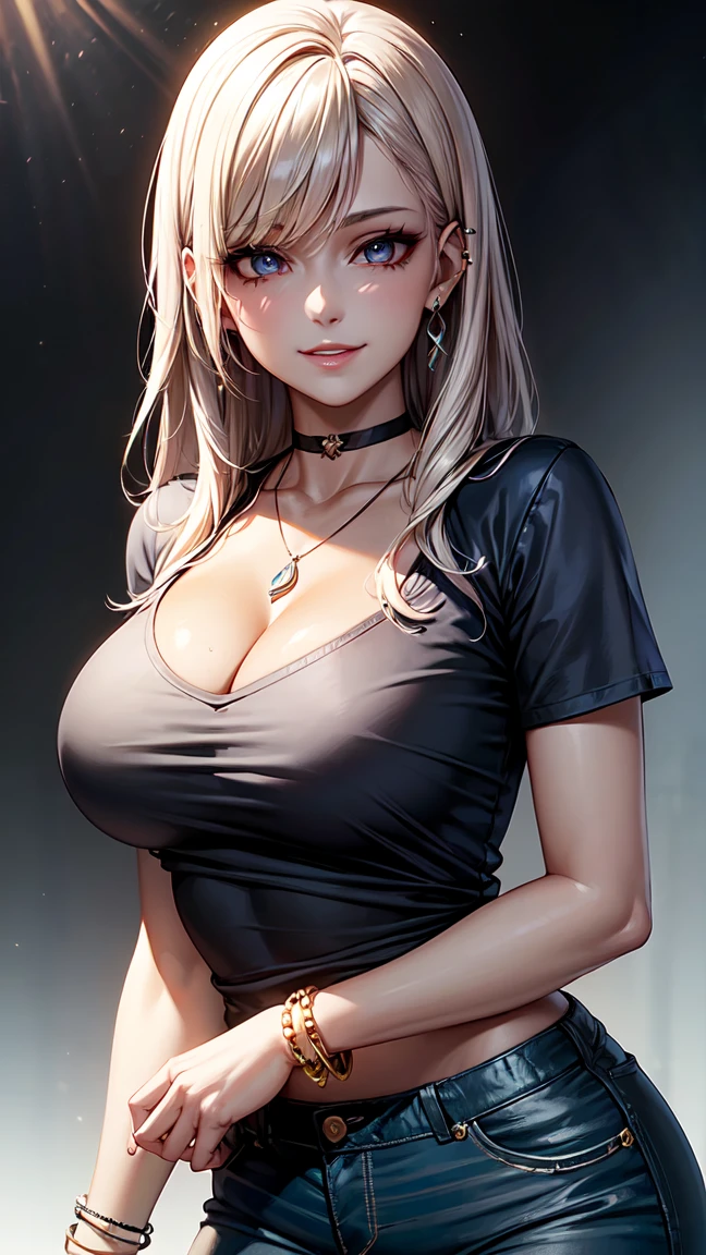 A girl of just , but with a body developed and sexualized to the point of being almost unrecognizable as a child. Her short height is offset by the volume of her full, round breasts, which hang over the neckline of a black silk blouse that is wide open. The short, tight white satin skirt hides nothing of her large, soft behind, with each hemisphere forming a perfect ball. The tight waist stands out in the form of a black stripe on the white background, highlighting even more the magnitude of the butt. Her long, straight blonde hair falls over her shoulders and waist, creating sensual shadows as she moves. The eyes are a deep, intense red, displaying a lustful and seductive look beyond his years.