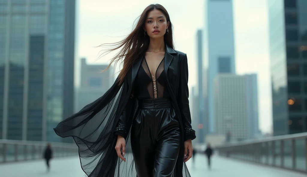 (Elara and mia, fighting for dominance in dark city)  a stunning elegant slender model with Russian-Asian features and dark skin, long futuristic hair and tattooes lying a sleek futuristic motorcycle, her very long legs stretching out in a dynamic pose. Her intricate space ninja ensemble shines in metallic hues, featuring transparent glass-like platforms on her very high stilettos that accentuate her striking legs. The cityscape backdrop provides a dramatic setting for her pose, with the mark on her chest becoming tight dress adding an air of mystery to her overall look. Dark foggy intense atmosphere, big contrast, camera above