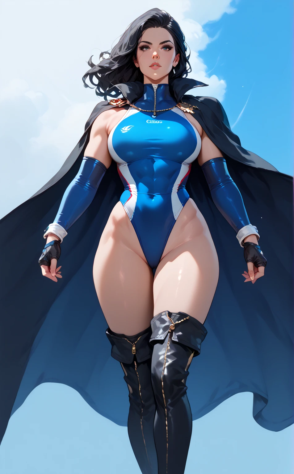 tmasterpiece,(Full body like:1.1),Busty woman,Beautiful and charming Chinese woman face,Superman blue transparent bikini style uniform,white stockings,High-heeled leather shoes, 1female,Thin waist,long leges,nakeness,Raised sexy,extremely large bosom,Bare breasts,Expose the genitals,with no underpants,long and flowing hair,(Background with:mostly cloudy sky,It's raining,the rainforest),Lewd expression,Flushed complexion,cleavage,