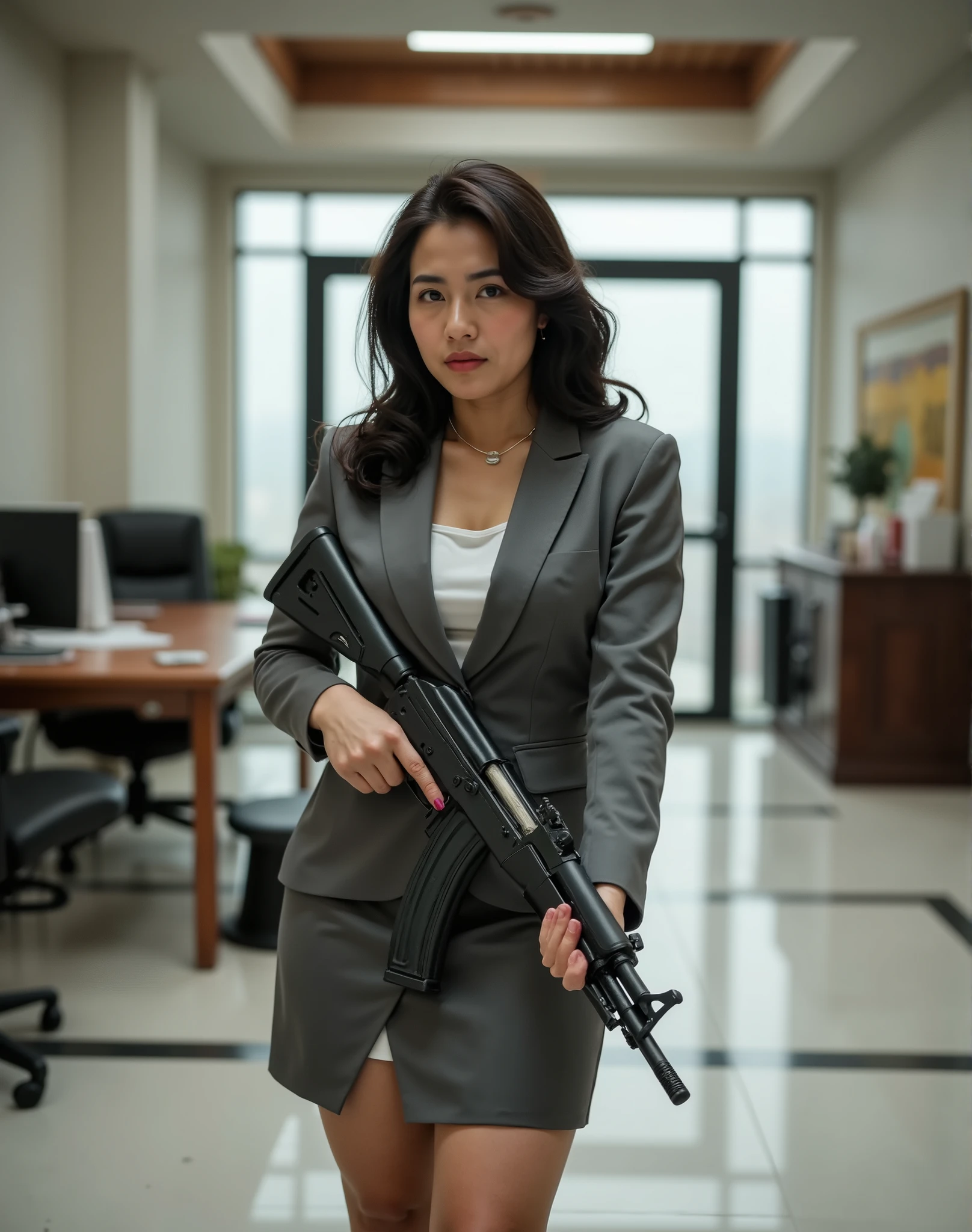 long shot, elevated view, high angle camera, fullbody shot, 1woman, (Indonesian woman), medium 160cm short height of body, slightly chubby, fairer skin, very bright glowing skin, wearing formal office dress, grey silver color, mini skirt with high-slit, standing easy, holding an AK-47 rifle with one hand, background indoor office building lobby.