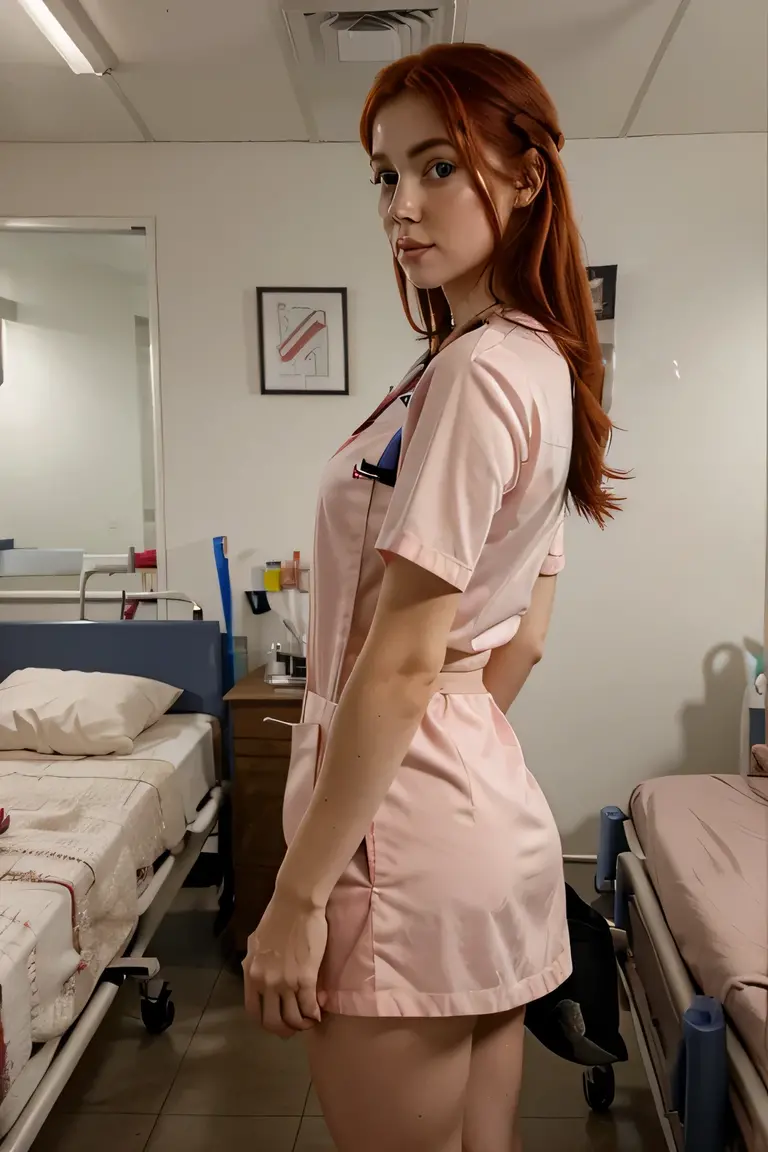a red haired 26 year old nurse, at the hospital, wearing nursing clothes