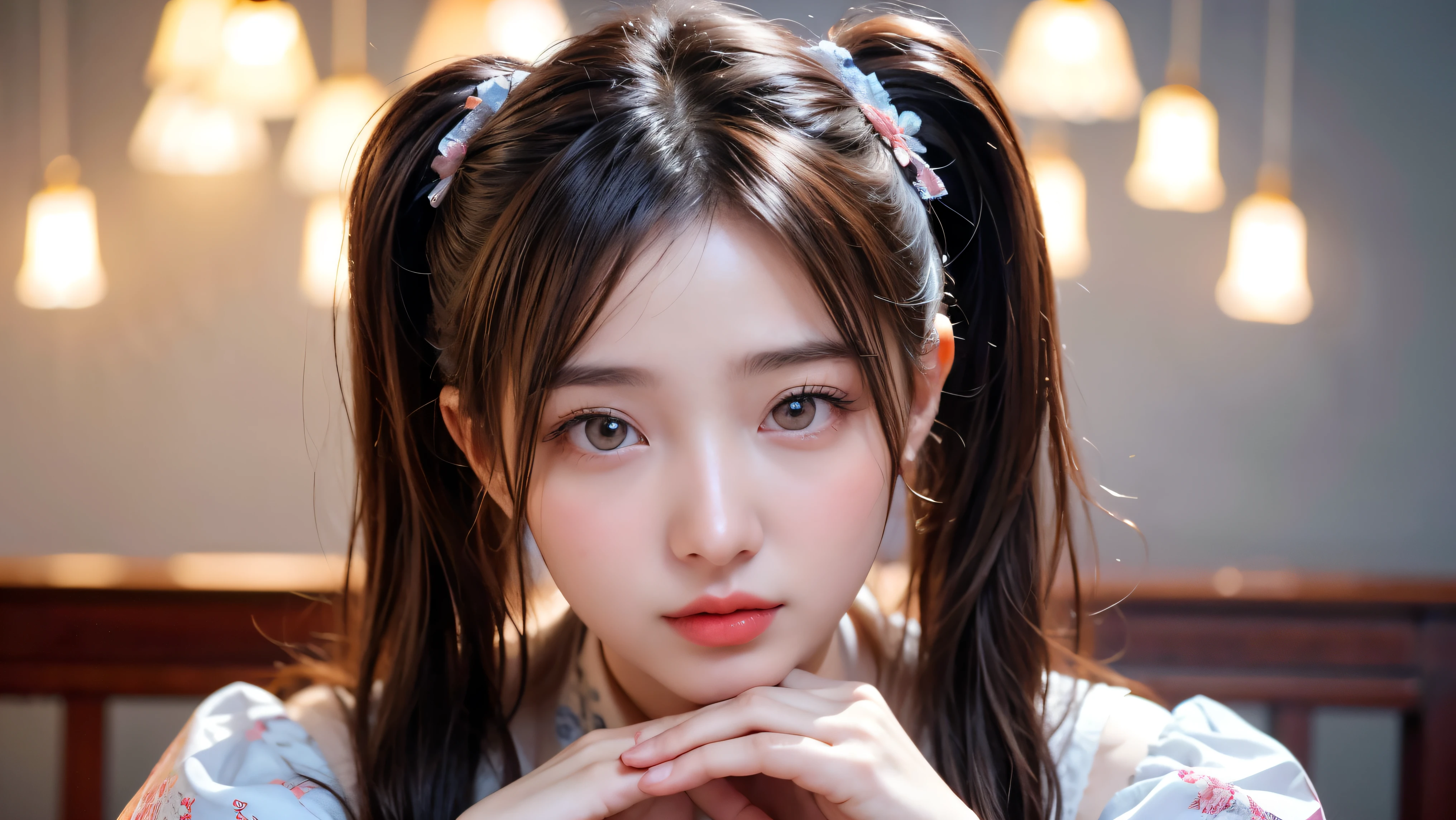 There was a young woman，Long fluttering hair，Wearing a bow on the head, Double ponytail hairstyle, Ulzan, Braided hairstyle, two Braided hairstyle, Neat Bangs Hairstyle, Kawaii Hairstyle, Black braids, White Ji haircut, Fluffy bangs, WAN cute Korean face, Young cute pale Asian face, Kawaii Hairstyle, Ji Qie, Braided hair