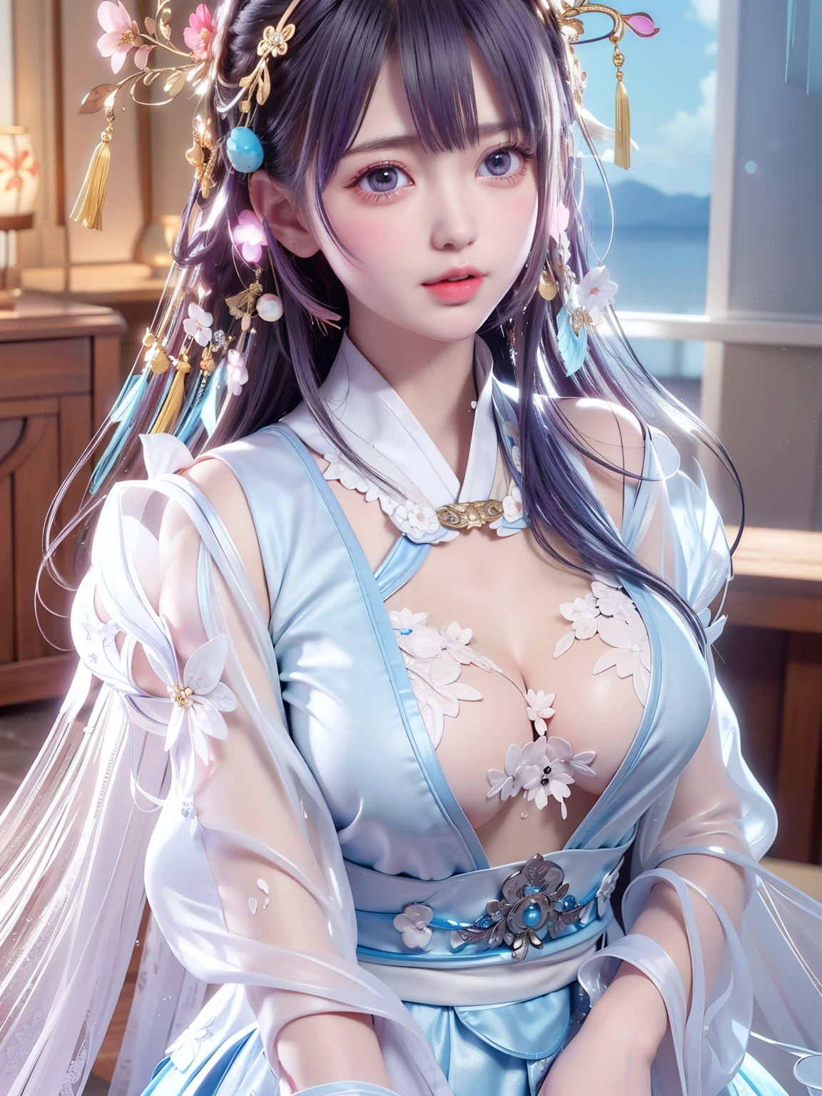 masterpiece, black_hair, 1 girl, looking at the audience, long_hair, nail_polish, solo, ancient art, Chinese,(8k, best quality, masterpiece:1.2), (realistic, realistic:1.2), (background sky: 1.2), (face close-up: 1.7), looking at the audience, hanfu, 1girl, (purple flower pine ink: 1.1), face close-up, detailed face, hanfu, song, long shan, pleated skirt,cinematic lighting, motion blur, ray tracing, god rays, bloom, drop shadow, close-up, lens flare, UHD, masterpiece, ccurate, anatomically correct, textured skin, super detail, high details, high quality, award winning, best quality, highres, 16k, HD, face close-up, close-up, close-up, accurate, correct hand, (anatomically correct: 1.5),