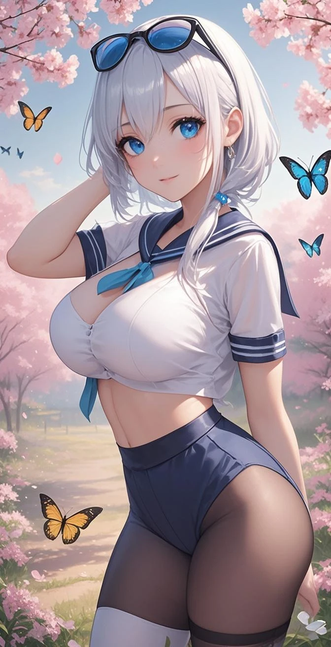 (dark skin:1.5),(Light blue and white sexy school uniform:1.1),(Floral T-back:1.1)、(Asymmetric perm short hairstyle:1.3),(expression of lewd ecstasy)、(Blonde slutty 21 year old gal 1.4),(slutty makeup:1.1),Red false eyelashes、beautiful breasts,(See here:1.1)