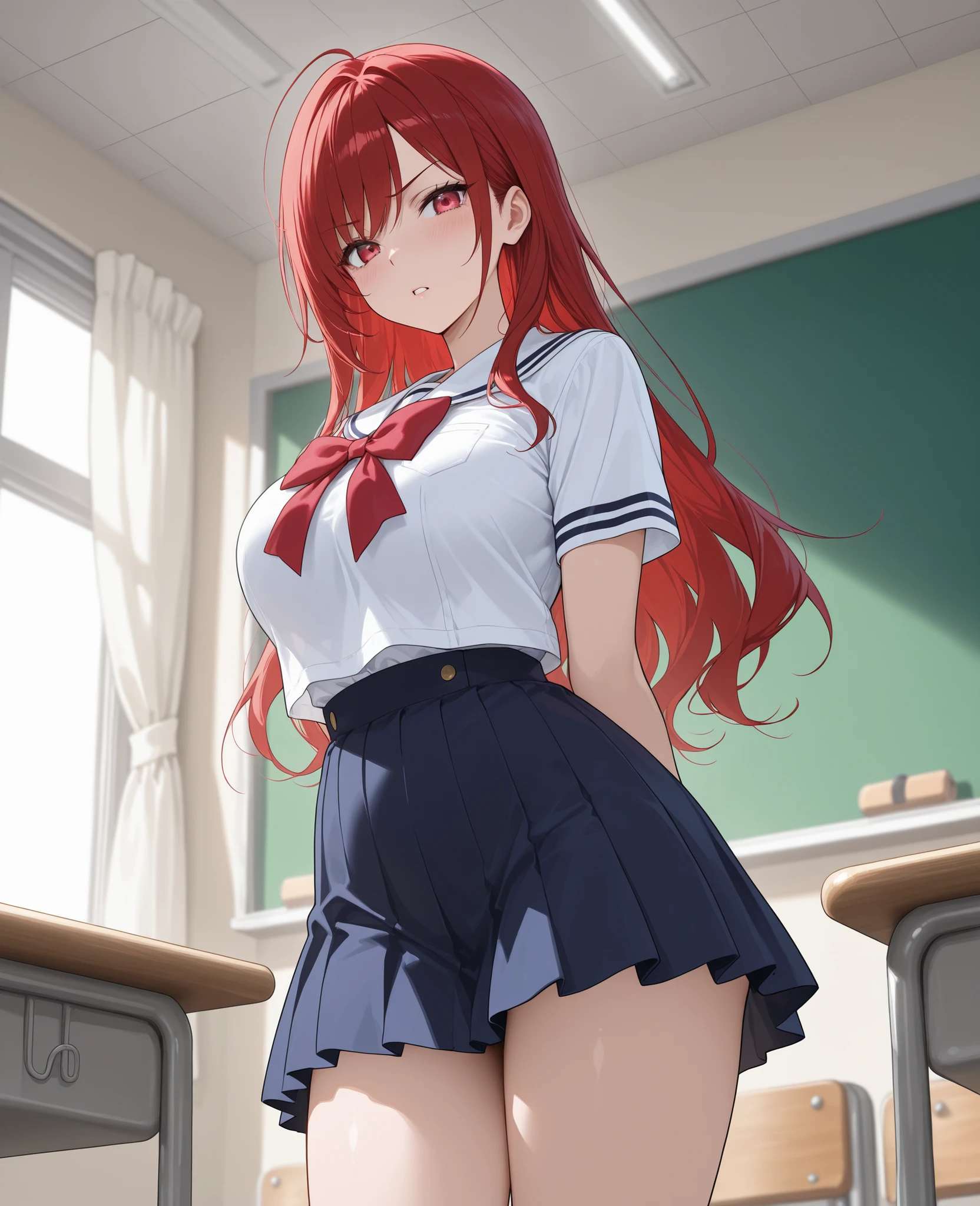 absurderes:1.8, ((From the thigh up:1.5, beautiful clear eyes)), ((school uniform, collared shirts, white shirts, short sleeve, tie, short skirt、skirt lift by myself:1.5, showing panties:1.4, wavyhair))、(1woman), Unity 8K Wallpaper, Masterpiece, detailed hair, highly detailed, (red hair, panties:1.4, school),, (Frustrated:1.4), (blush:1.3)