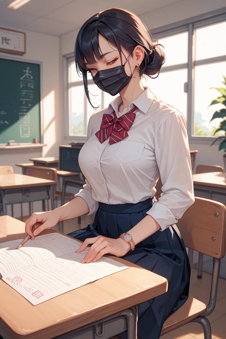 Best image quality, Japanese Classroom, Crowd, A lot of strangers, White underwear, Show your ass, Wear a mask, Embarrassed face, solo, woman, Black Hair, Bob Hair