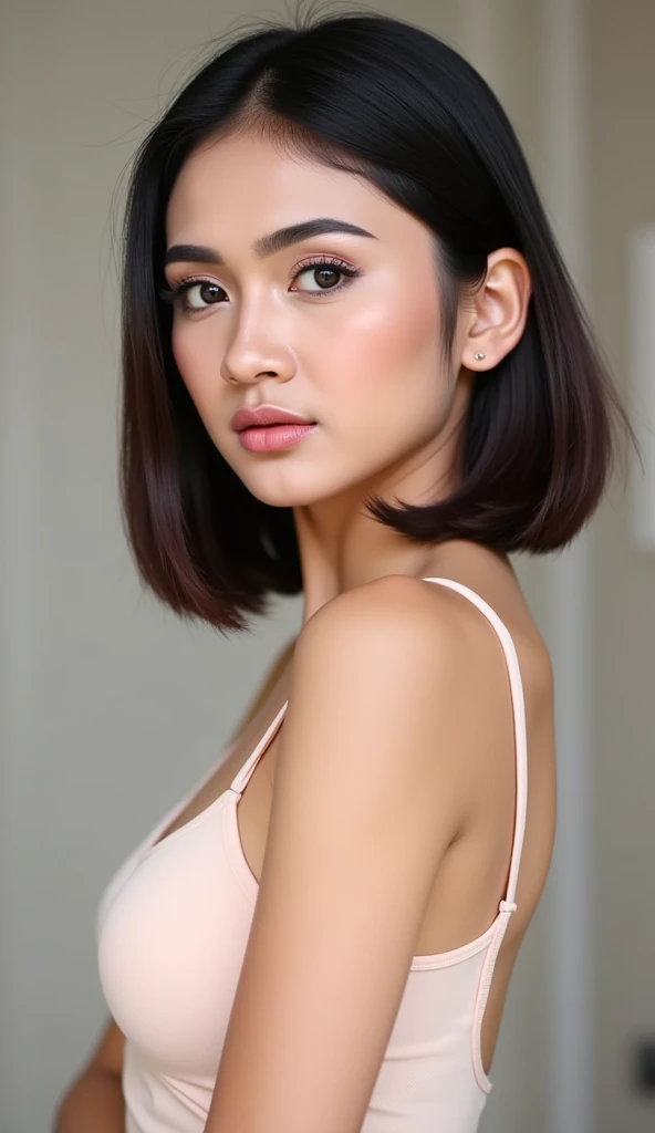 pink background, hyper realistic lifelike texture dramatic lighting unreal engine trending on art station, award winning photo, nikon RAW photo,8 k, Fujifilm XT3,masterpiece, best quality, realistic, photorealistic, ultra detailed, extremely detailed face, solo,1 Indian girl, standing, fashionable and trendy atmosphere, high-end makeup products, and a stylish expression on her face, office dress, pink t-shirt, closed mouth, closed lips, looking at viewer,