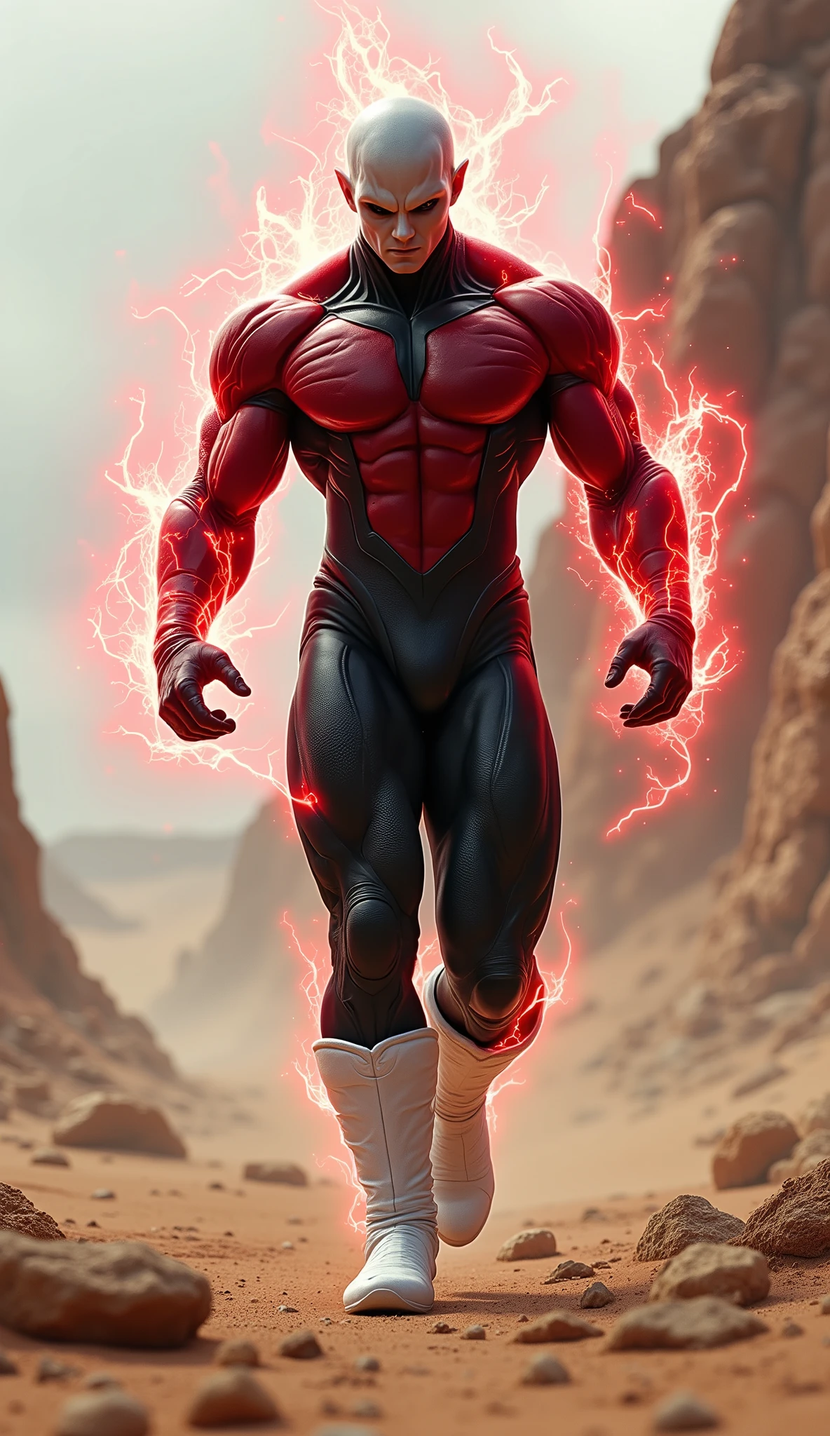Full-body hyperrealistic CGI rendering of a powerful humanoid warrior with a muscular and very defined physique, walking forward with confidence. The warrior is inspired by the dragon ball z character Jiren, bald-headed, with large black eyes (alien-like) and wearing a tight dark red and black suit down, with white gloves and boots. Thick red and black plasma-like energy flames swirl and crackle around his upper body. He walks across a vast desert with rocky terrain and scattered sandstone formations. The sky is overcast with fog that casts cinematic shadows. Photorealistic textures, dramatic lighting, volumetric light effects on energy, Unreal Engine 5 quality, highly detailed environment with windblown sand and heat distortion in the distance.
