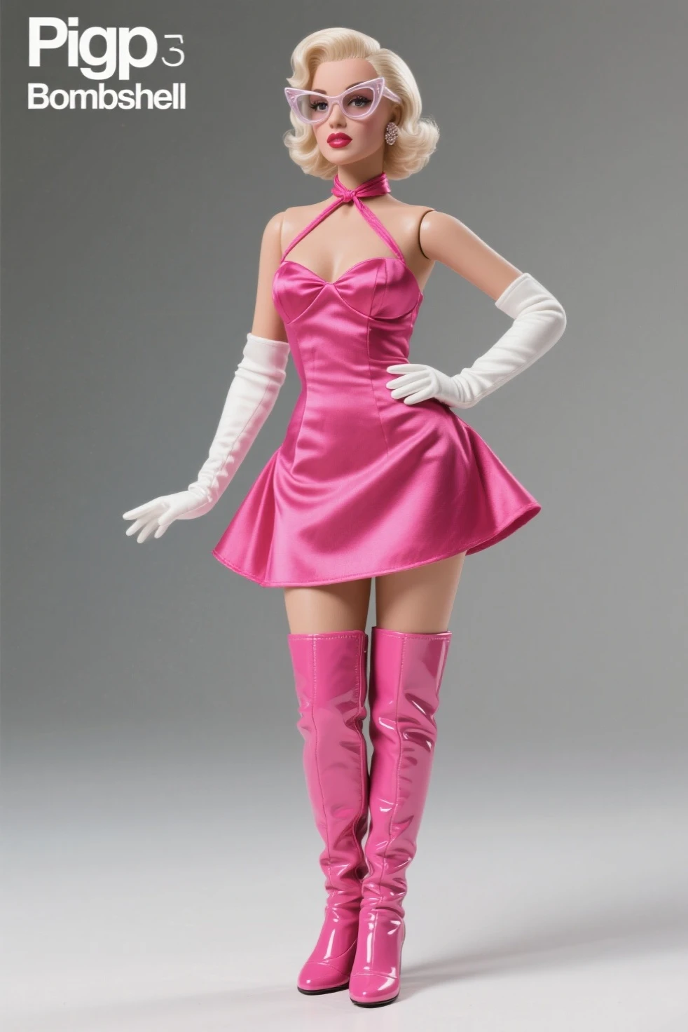 adult woman, blonde curly hair, pink latex outfit,  whitte gloves, blue eyes, big naked breast,star eaarings,standing