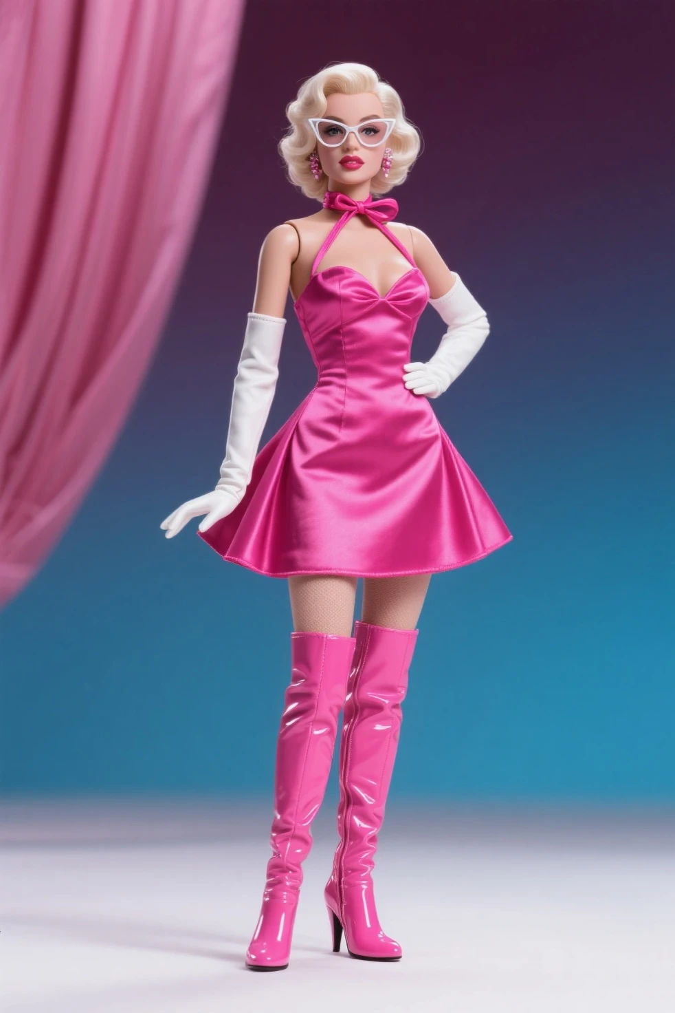 Beautiful woman in Art Deco fashion style, pink hair, dancing, gigantic breasts, full body shot